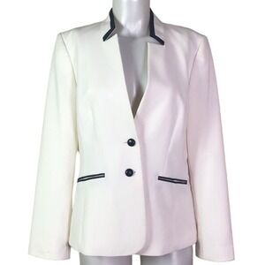 TAHARI WHITE CHIC BLAZER BLACK TRIM UPTURNED COLLAR SIZE 10‎